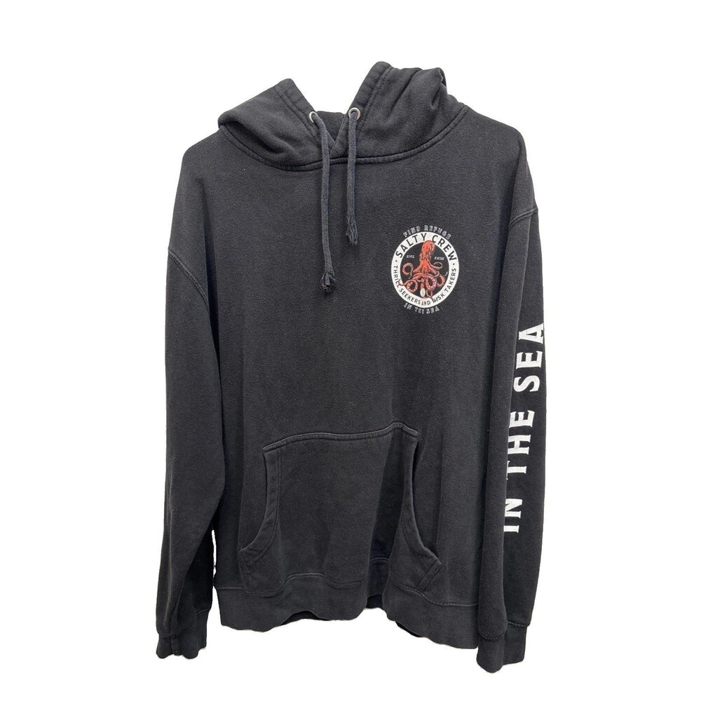 Salty Crew Hoodie Men L Black Octopus Graphic Refuge Skate Surf Academia Pocket